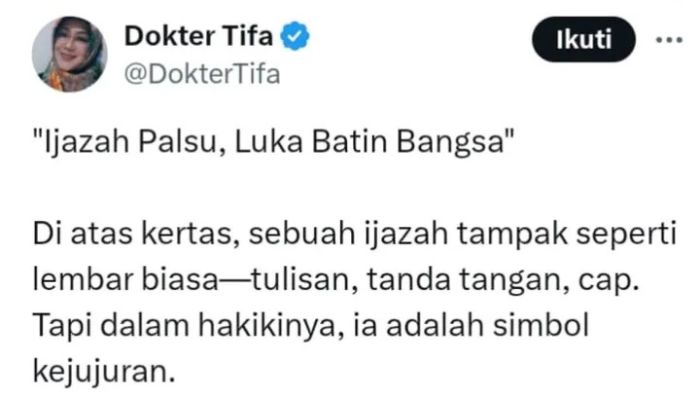 Dokter Tifa Tegaskan: “Ijazah Palsu Adalah Luka Batin Bangsa” dan Seruan Bangkit Melawan Kebohongan